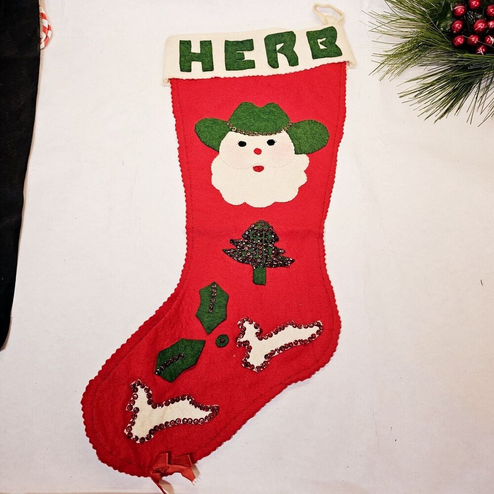 Vintage Double Sided Felt Sequin Christmas Cowboy Stocking Handmade 19" 1950's